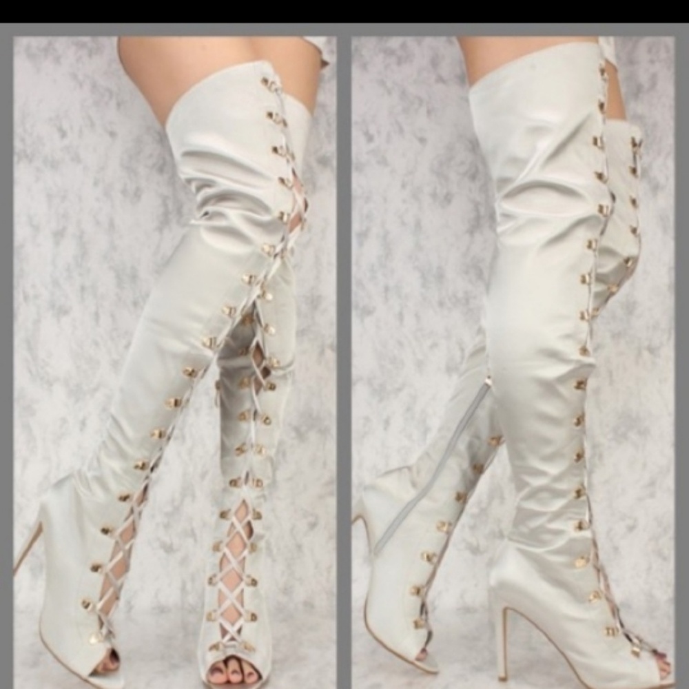 Grey open toe boots